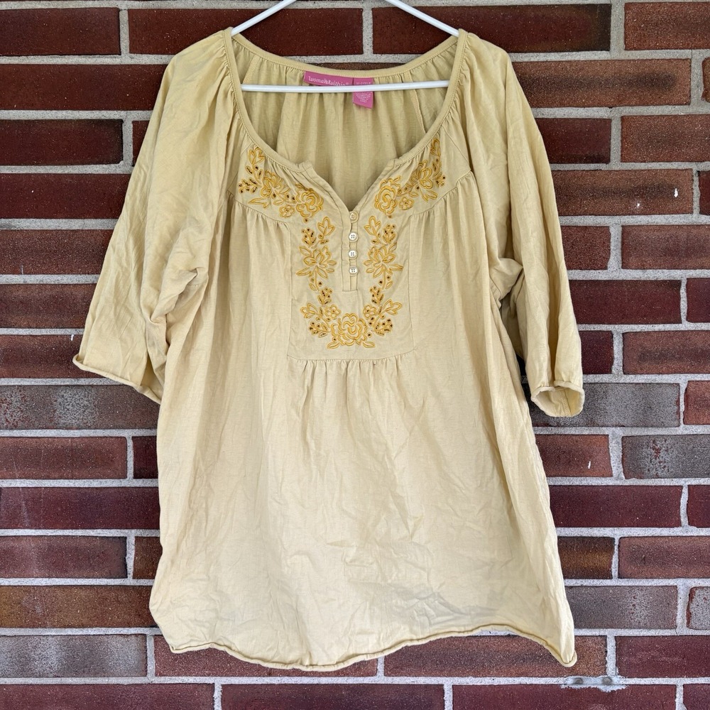 Woman Within Yellow Floral Eyelet Neckline Top 1X A1751